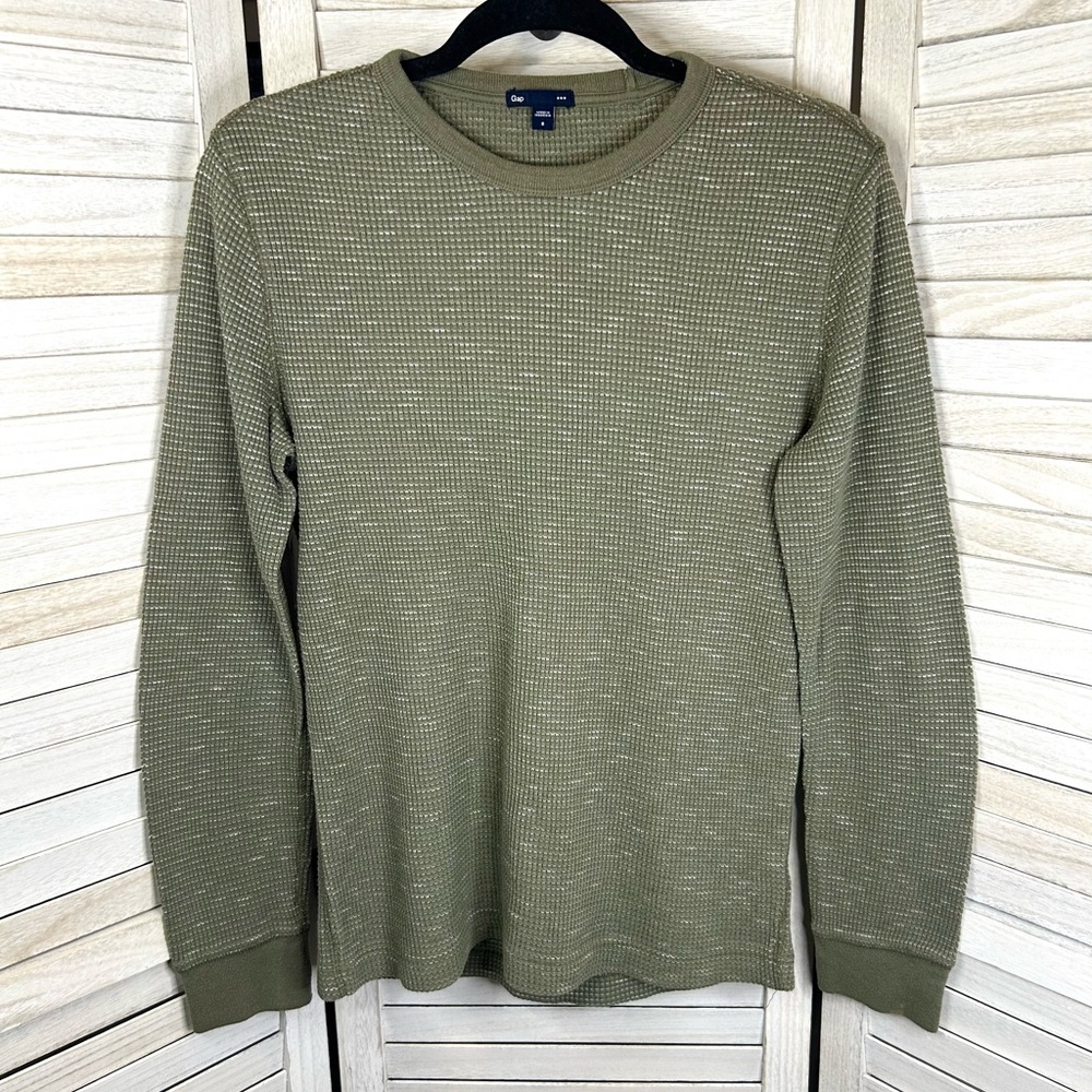Gap Men’s Olive Green and Speckled White Cotton Waffle Long Sleeve Shirt Small - Picture 2 of 8